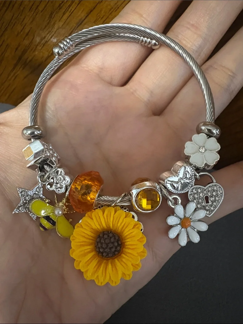 Yellow Sunflower Charm Bracelet & Ring set- Women Jewelry